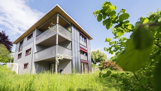 L'étage des combles a été remplacé par une structure en bois et transformé en appartement familial. Le rez inférieur à flanc de coteau accueille désormais un studio (Zurich, ZH).